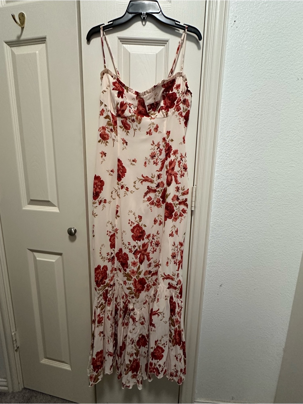 Reformation Cream Maxi Slip Dress with Red Floral Motif